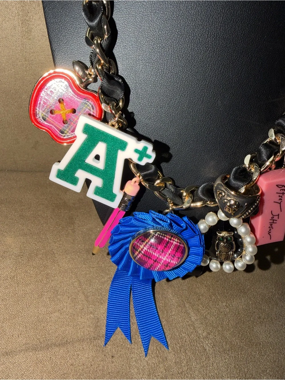 Betsey Johnson Black and Gold Chain Charm Necklace with Multicolor Charms